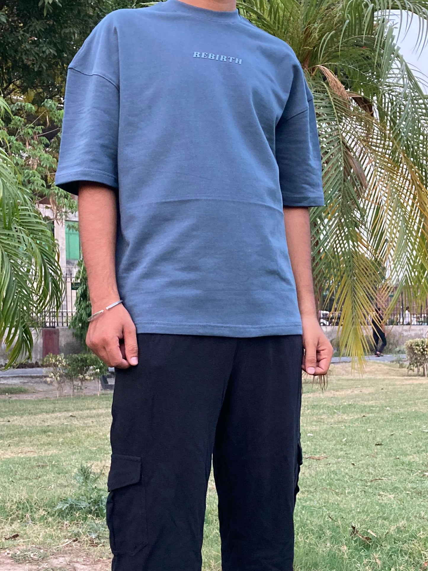 Slate Blue Oversized Down-shoulder Tee